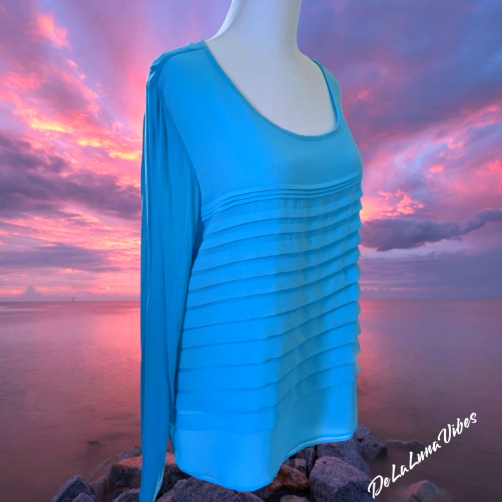 Dana Buchman Women's Celestial Blue Ruffle Tiered Elegant Long Sleeve Blouse